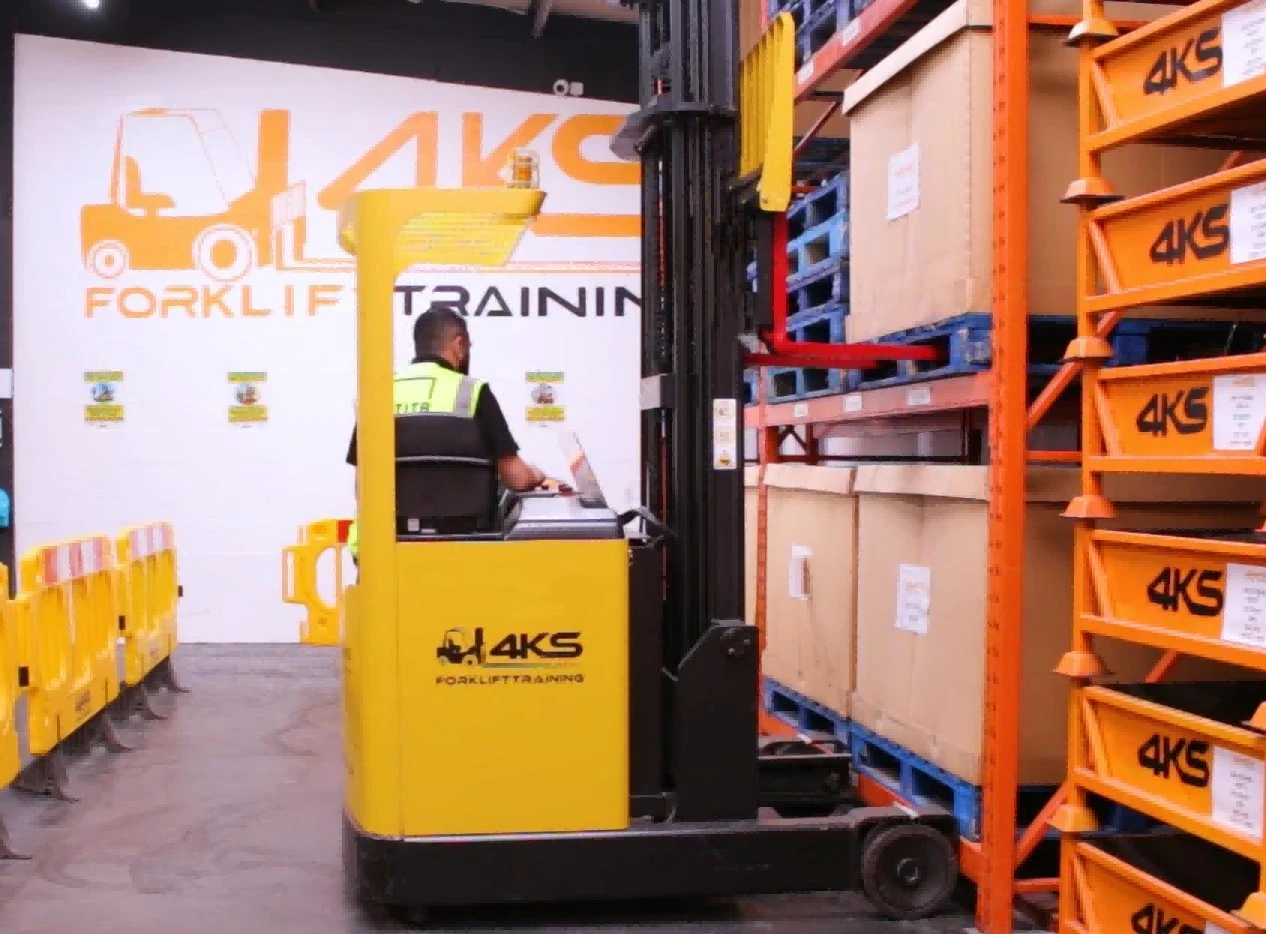 Indoor reach truck in forklift operator training facility1 Indoor reach truck in forklift operator training facility1