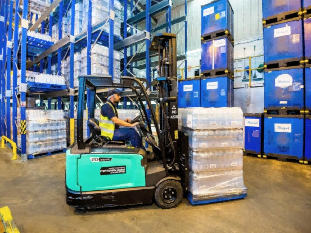 Large electric forklift fleet working highvolume 24hour distribution warehouse1 Large electric forklift fleet working highvolume 24hour distribution warehouse1